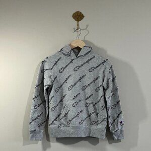 Champion Youth Medium Gray All Over Script Logo Hoodie Sweatshirt